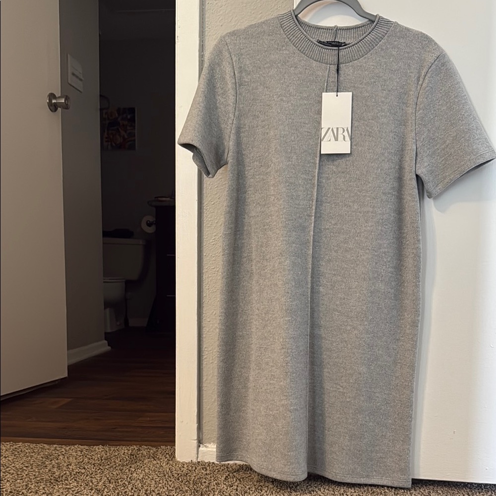 Zara Gray Sheath Mini Dress Crew Neck Short Sleeve